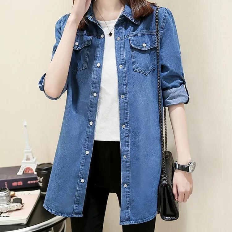 Women Denim Shirt Long Sleeve Loose Fit Mid Length Jeans Jacket Spring Bottoming Shirt Large Size Thin Jacket S