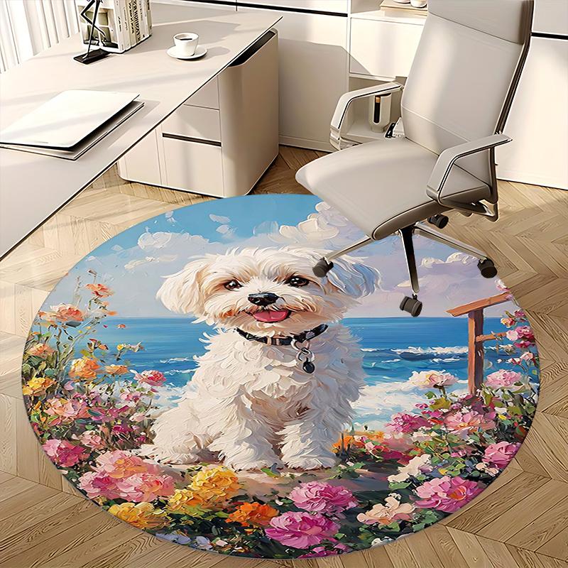 Floral Garden Dog,Ocean View Pet Chair Mat Round Rug Office Carpet, Non Slip, Suitable for Living Rooms, Bedrooms Decor.1205180a