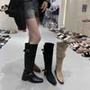 Leather inner height increase retro belt buckle thick heel boots but knee thin knight boots pointed pleated pile boots