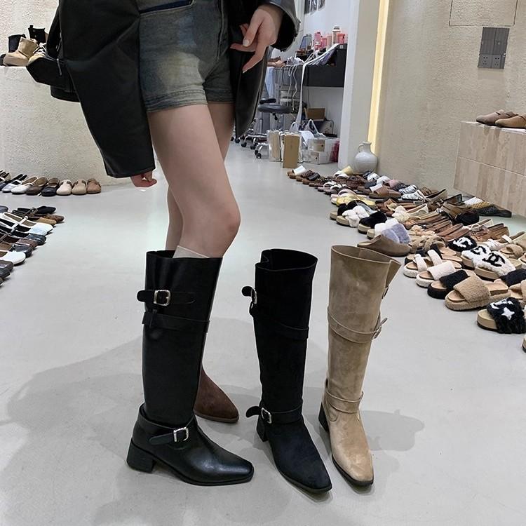 Leather inner height increase retro belt buckle thick heel boots but knee thin knight boots pointed pleated pile boots