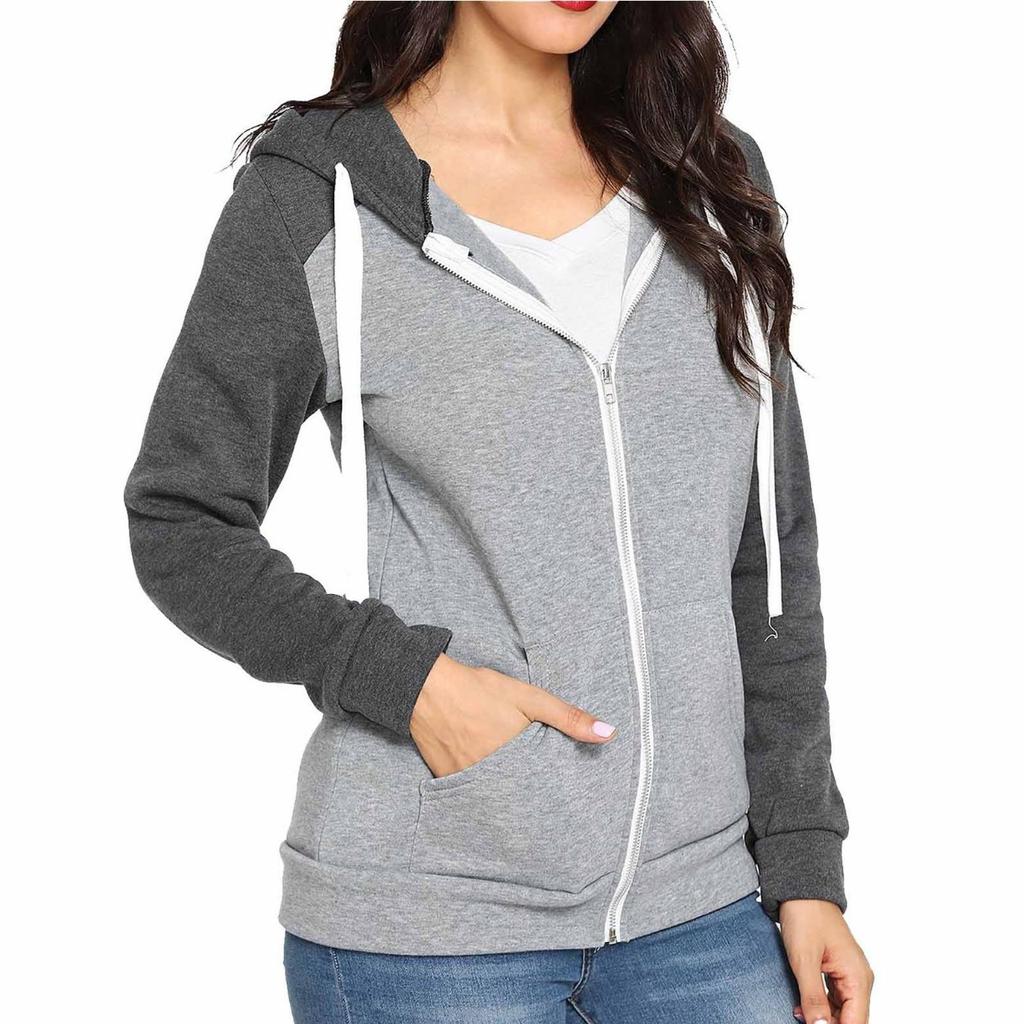 Women Zip Long Sleeve Sport Casual Slim Basic Zip Up Hooded Pocket Jacket Coat