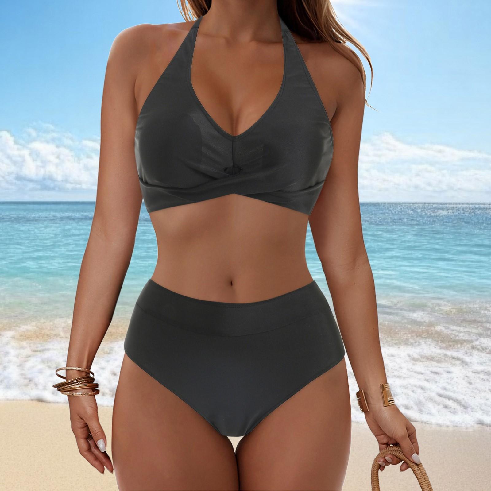 

Женский съемный купальник-бикини с высокой талией, свисающая подушка на груди, раздельный купальник с цветными блоками и принтом, комплект из двух частей XL чёрный