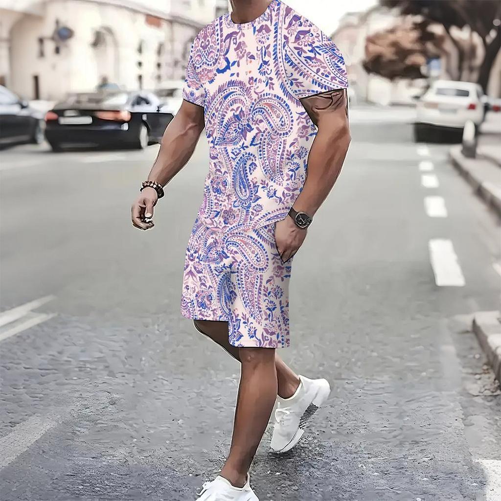 Men Vibrant Multicolor Vintage Paisley Print Short Sleeve Tee And Matching Shorts Two Piece Outfit