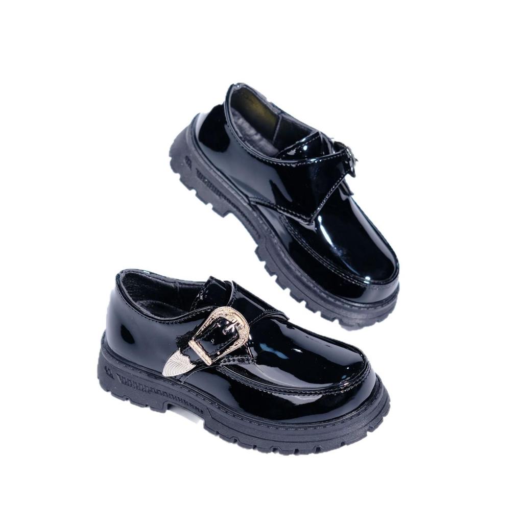 African Black Children's Glossy School Shoes with Gold Buckle, Patent Leather, 2026 Edition