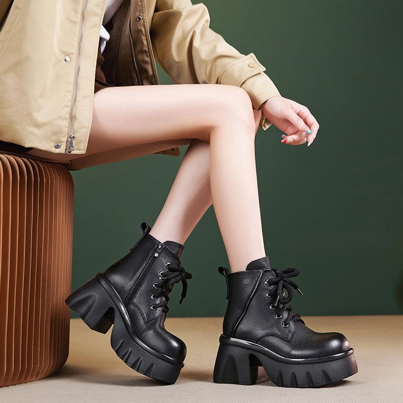 Women's Genuine Leather Martin Boots - Thick Sole, High Heel, Petite Height Boost, Versatile British Style for Autumn/Winter.