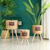 Nordic Rattan Straw Flower Basket with Wooden Stand for Indoor Decoration