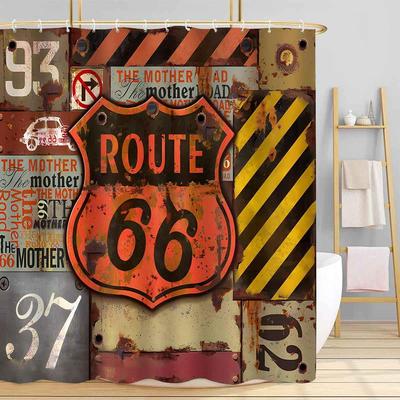 American Road Sign Highway Shower Curtain for Bathroom Decorative Shower Curtain, Retro with 12 Hooks 180x180cm