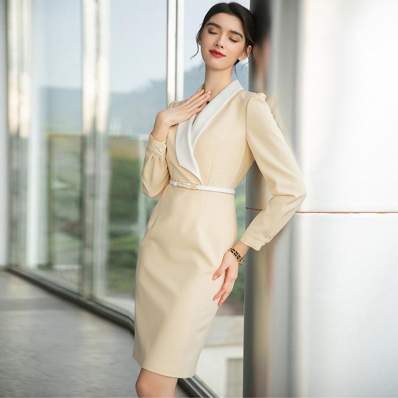 Women's Yellow Slimming Suit Dress Set - Professional OL Style for Formal Occasions in Autumn and Spring