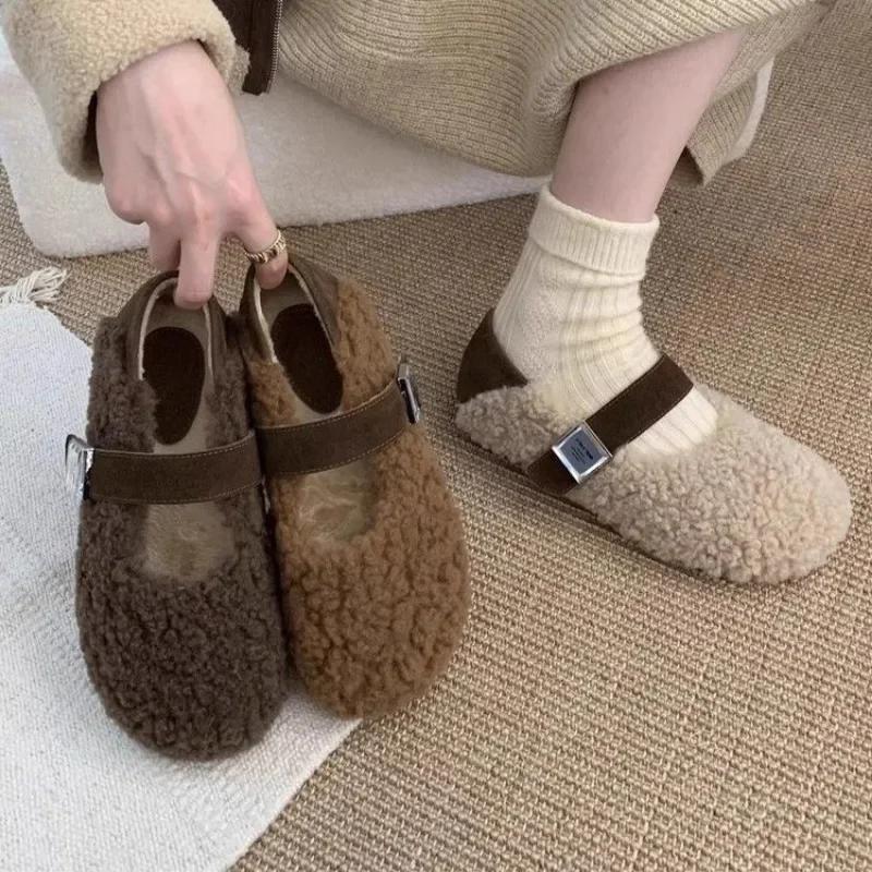 Fashion Color Matching Women's Flats  2024 Hot Sale Ladies Shoes Buckle StrapCasual Flat Shoes New Short Plush Flat Low Heels