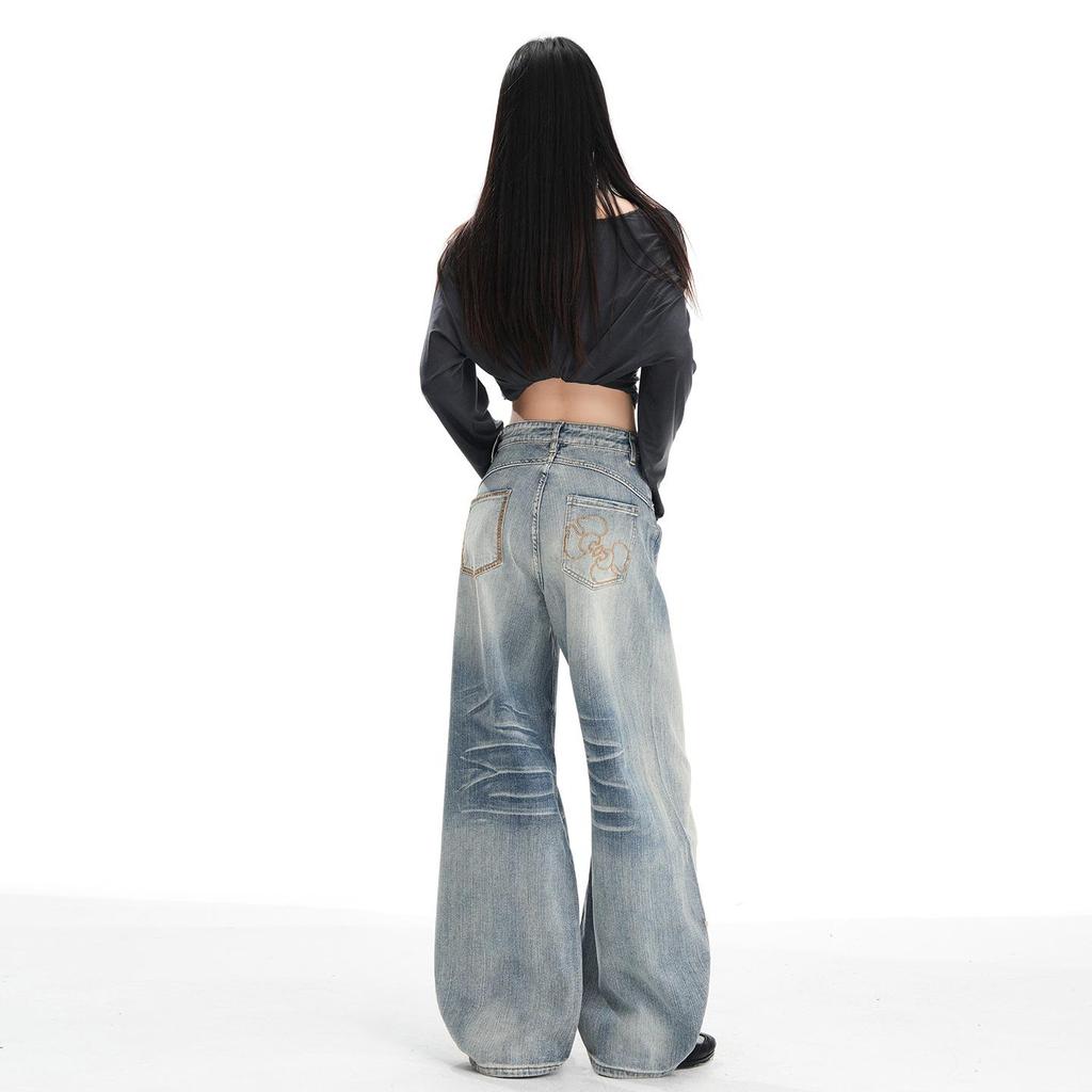 Women's Retro Blue Wide-Leg Jeans: Low-Rise, Loose, Straight, Floor-Length, Slimming Design for Autumn 2025