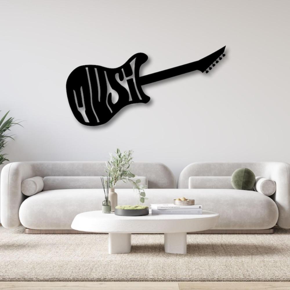 Modern Metal Guitar Wall Art Sculpture, Rock Star Musician Decor, Home Music Studio Decoration, Unique Gift for Music Lover, Black