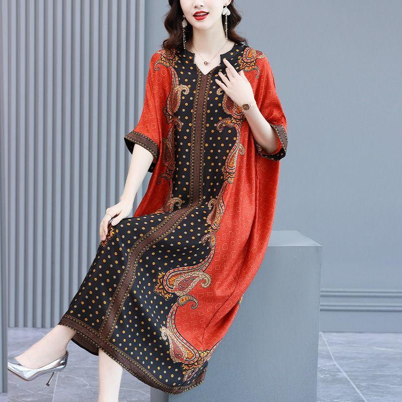 Folk Paisley Printed Long Dress Spliced Women's Casual V-Neck Summer Short Sleeve Vintage A-Line Loose Dresses
