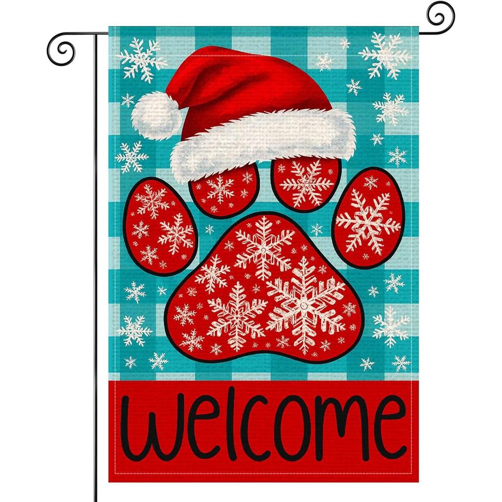 Welcome Dog Paw Red Santa Hat Garden Flag 12x18 | Double-Sided Holiday Sign, Welcome Dog Paw Lawn Flag, Patio Porch Yard, Snowflake Santa Hat.