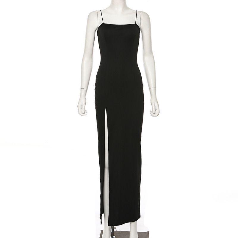 French Pure Desire Off-Shoulder Camisole Slit Dress - Slim Fit, Formal Long Dress with Niche Design.