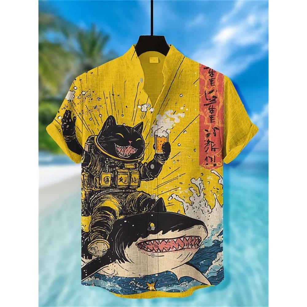 Men's Street Style Short-sleeved Shirt, Quirky Black Cat and Shark Print Casual Men's Top, Trendy and Fashionable Hawaiian Shirt