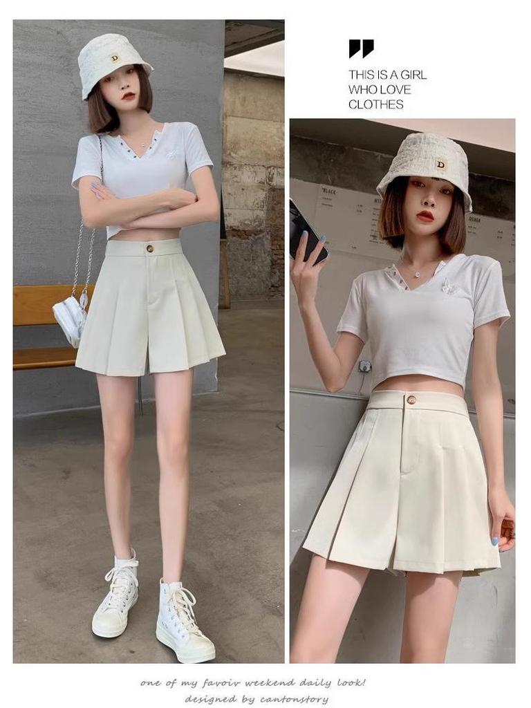 Women's High Waist Pleated A-Line Wide-Leg Shorts - Large Size, Black, Summer Versatile Skirt-Style Pants