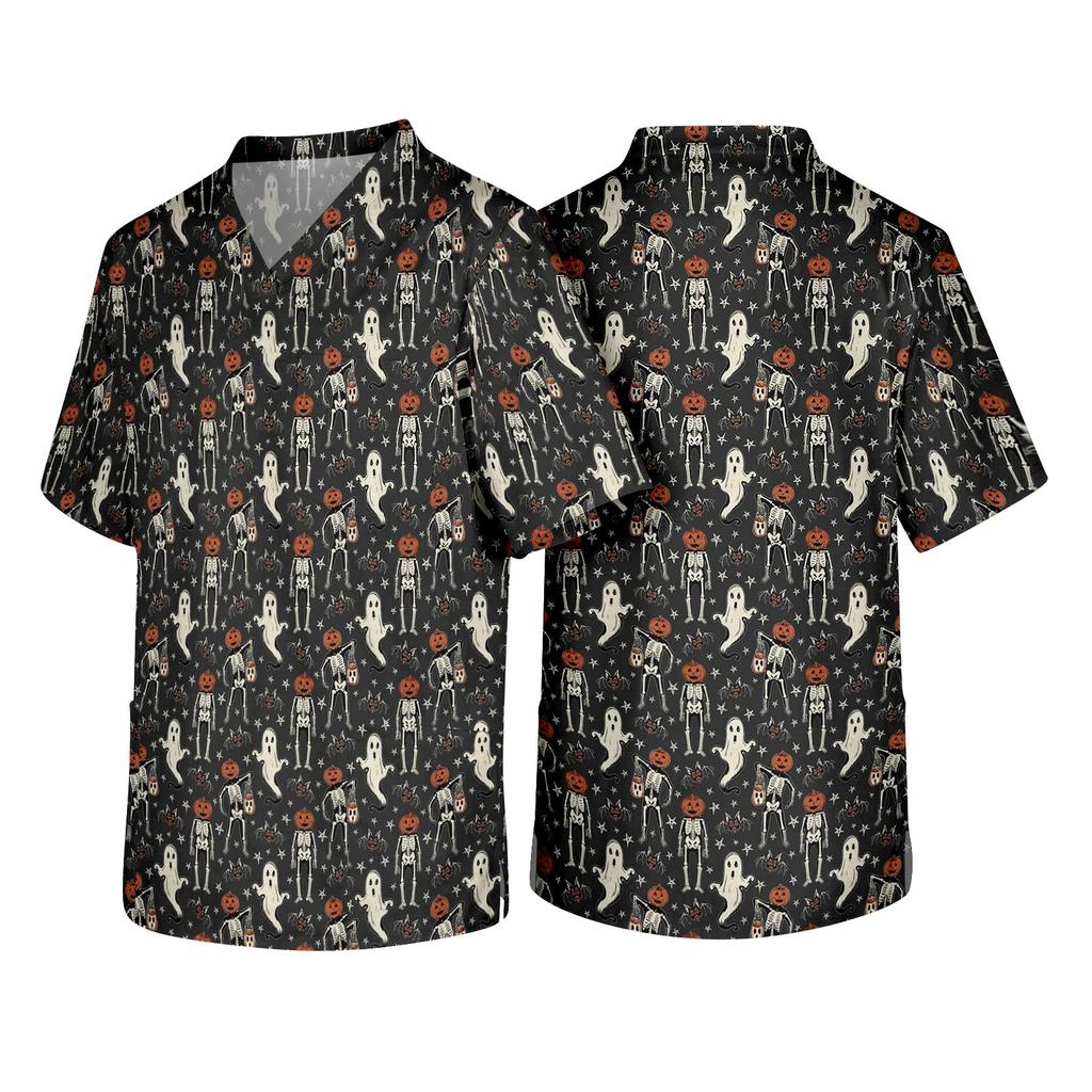Men's Short Sleeve V Neck Halloween Print Medical Scrub Top with Chest Pocket Comfortable Fit Workwear for Healthcare Professionals