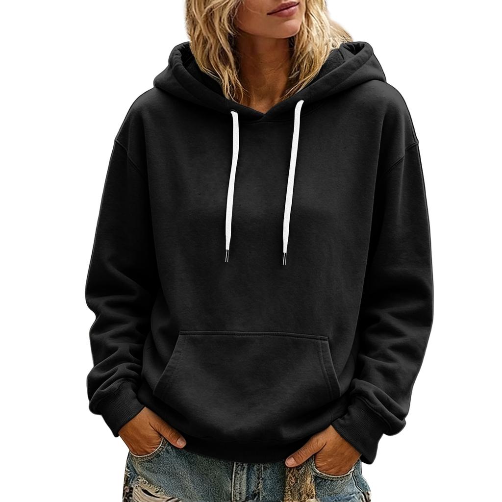 Women's Color Long Sleeve Hoodie with Drawstring Hood and Pocket Casual Pullover