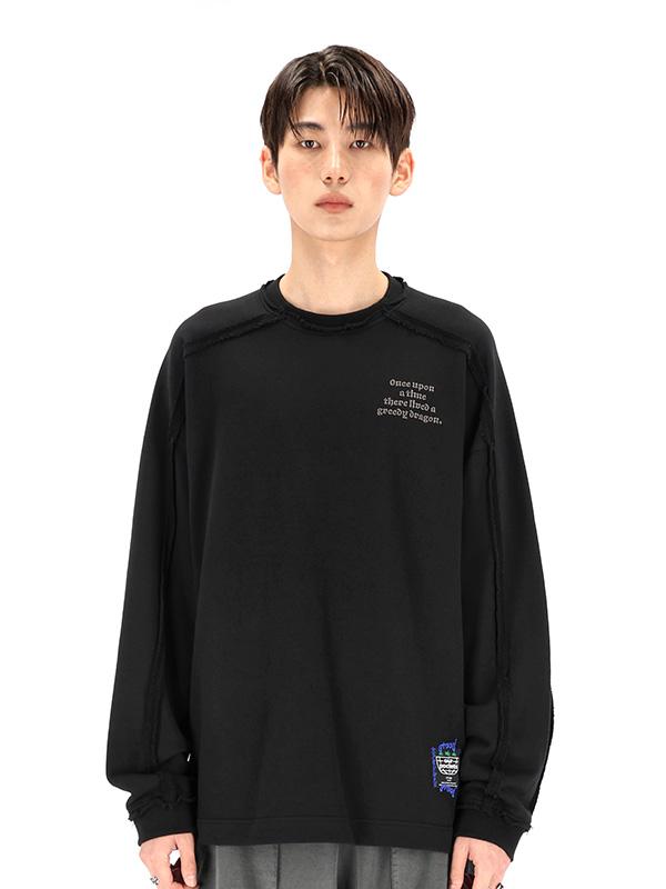 OURPOCKETS Grid Pigment Dragon Oversized Long Sleeve Sweatshirt (Z Black)