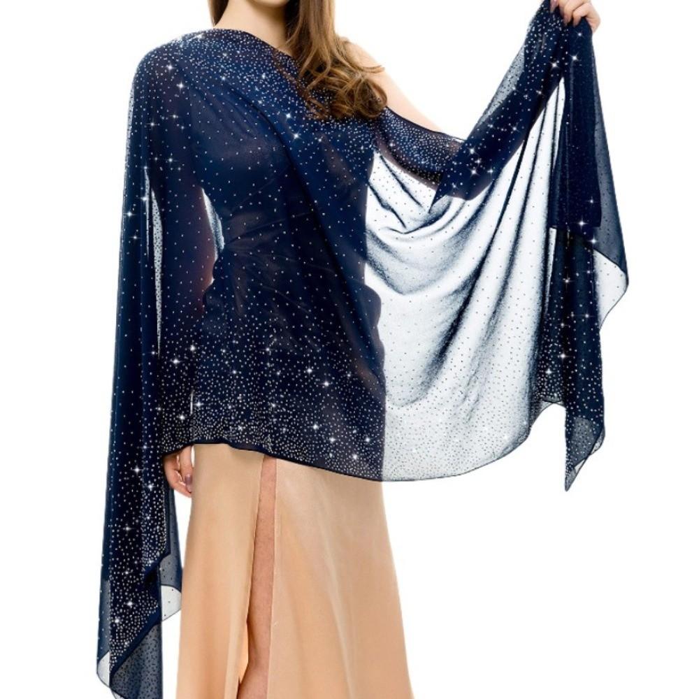 Rhinestone Women Chiffon Shawl Solid Color Soft Sparkling Sheer Wrap Breathable Thin Party Scarf