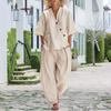 Damen 2-teilige Outfits Lässiges Knopfleisten-Kurzarm-V-Ausschnitt-Oberteil und Lange Hosen Lounge-Set mit Taschen Sommer Locker Passende Sets