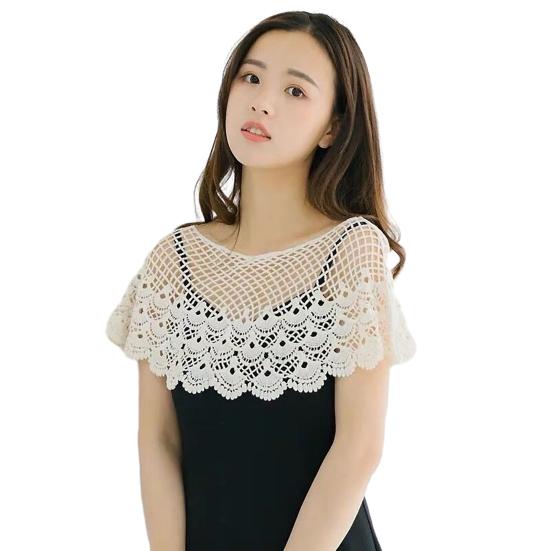 Women Shawl Round Neck Embroidery Lace Flower Pullover Shawl Pure Color Hollow Design Soft Textured Summer Shawl A
