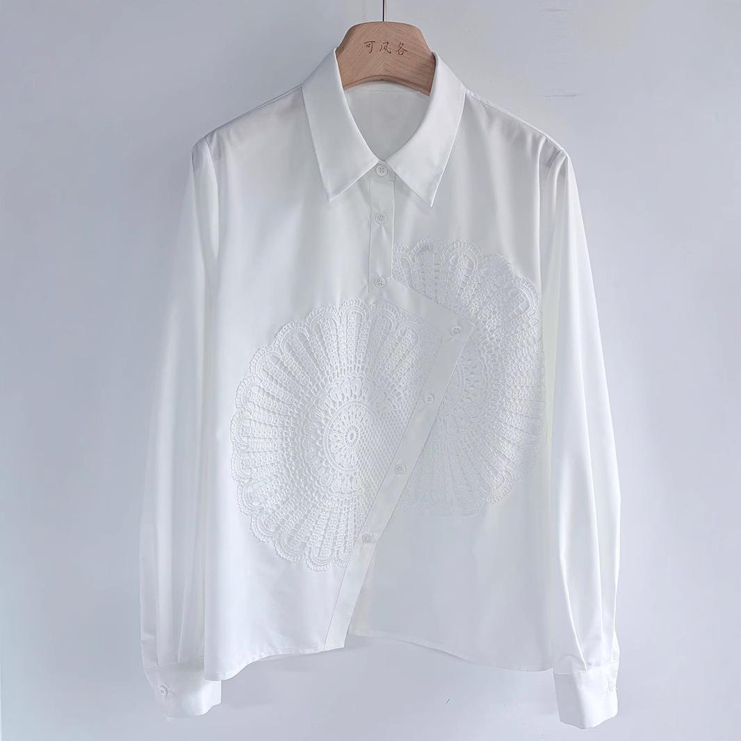 

Sunflower White Shirt for Women Long Sleeve Spring and Autumn Embroidered Top Chic Embroidered Women s Shirt S білий