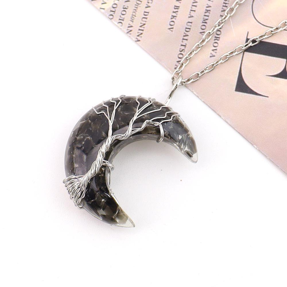 Chakela Crescent Moon Tree of Life Necklace with Natural Crystal Stones