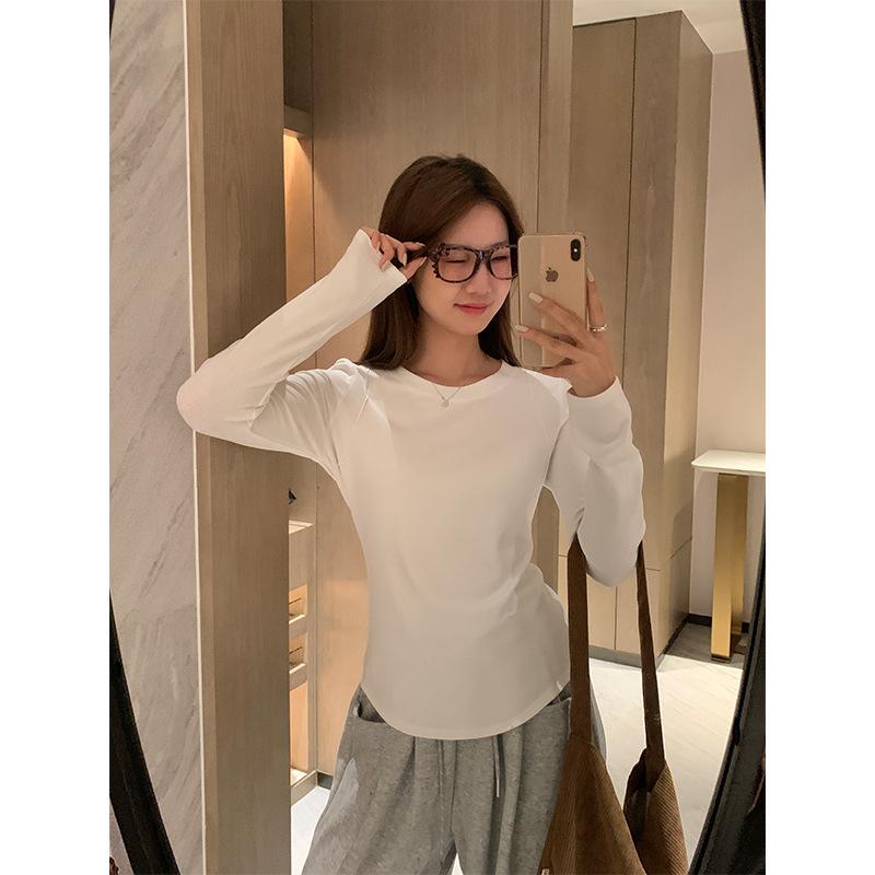 Gray Round Neck Brushed Plus Velvet Thickened Bottoming Shirt for Women Autumn and Winter New Herringbone Line Slim Long-sleeved Inner Top