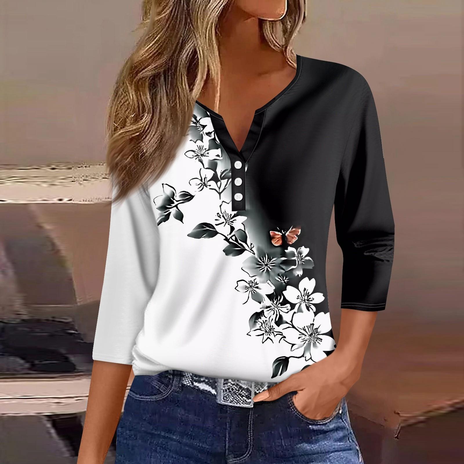 

Жен. Футболка С принтом Пуговицы Рукав 3/4 Повседневные Выходные Мода Классический Классический V-образный вырез Обычный Верх M чёрный