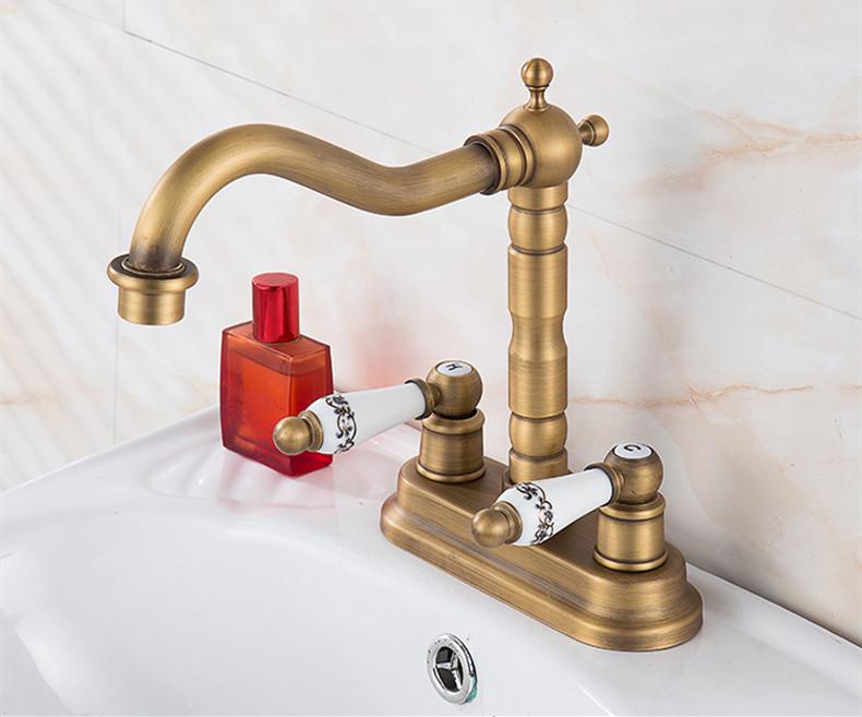Widespread Basin Faucet Bathroom 4 inch Hot Cold Water Mixer Crane Deck Mounted Bath Tap Basin Mixer Brass Antique Bronze