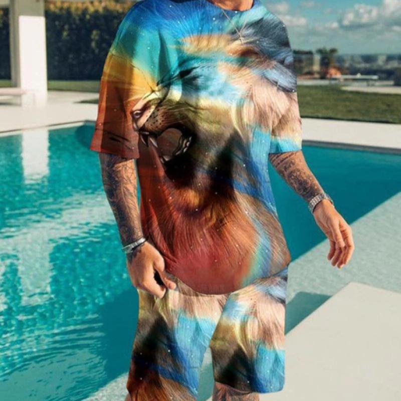 

Летние тонкие мужские рубашки с круглым вырезом и короткими рукавами + шорты Flame Lion Face с 3d принтом, модная свободная футболка для отдыха, комплект спортивного костюма S