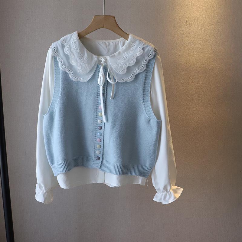 Spring 2025 Korean Style Women's Peter Pan Collar Blouse + Knit Vest Set