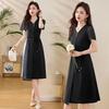 2025 Women's V-Neck Ink Print Color Block Dress with Pendant Belt
