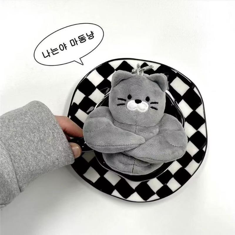 Soft Fluffy Gray Muscle Cat Plush Keychain Cartoon Plush Keyring Bag Pendant Backpack Ornament Gift For Cat Lovers