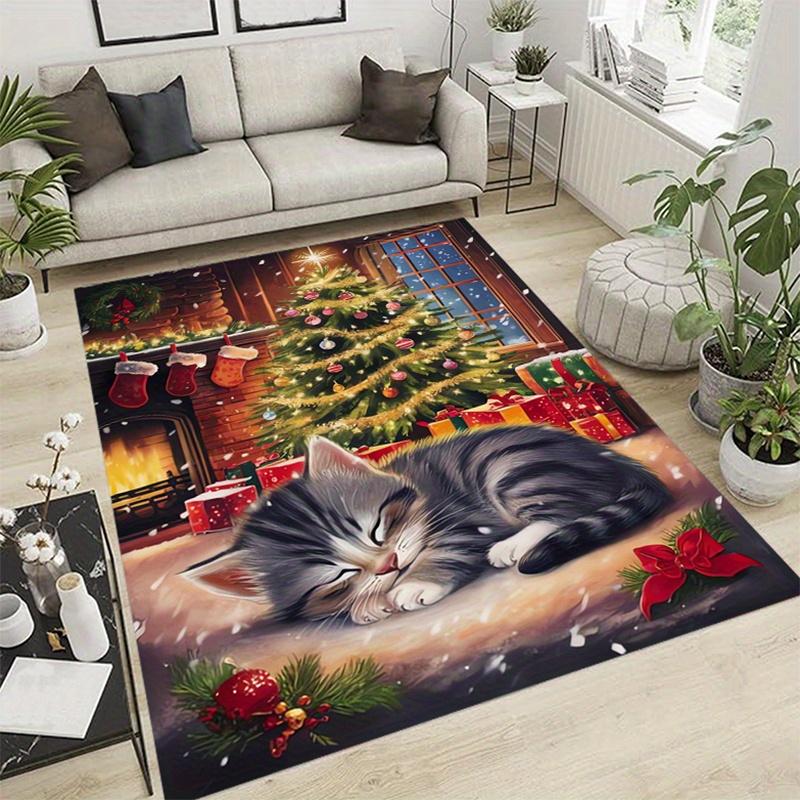 Christmas Cat Dream Pattern Area Rug Non Slip Washable Mat For Living Room Bedroom Pet Lover Home Decor