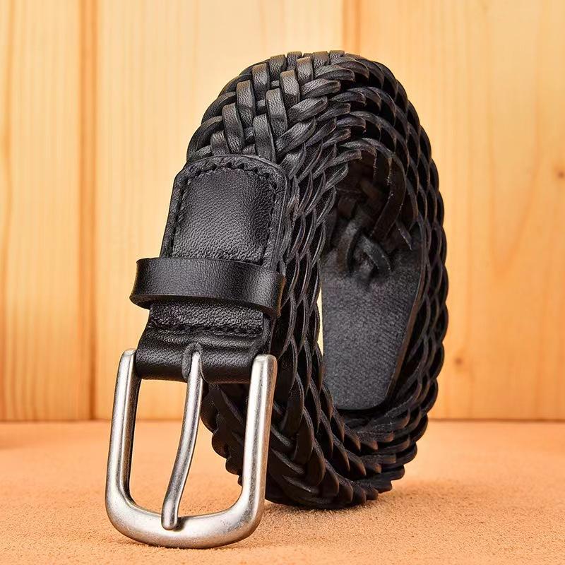 Meimeier Handmade woven leather belt - men's genuine top grain cowhide casual retro pin buckle belt