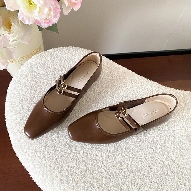 Spring and summer new high-end retro square head shallow mouth single shoes women's soft leather thick heel Mary Jane shoes