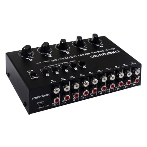 5-in-5-out Mini Audio Mixer, Compact Stereo Distributor with RCA Interface, Independent Volume Control, Independent Input Switch, No Wear, 15dB Signal