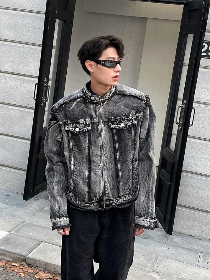 American retro personalized denim jacket men s spring and autumn high-end shoulder padded jacket fashion stand-up collar black denim jacket M чёрный