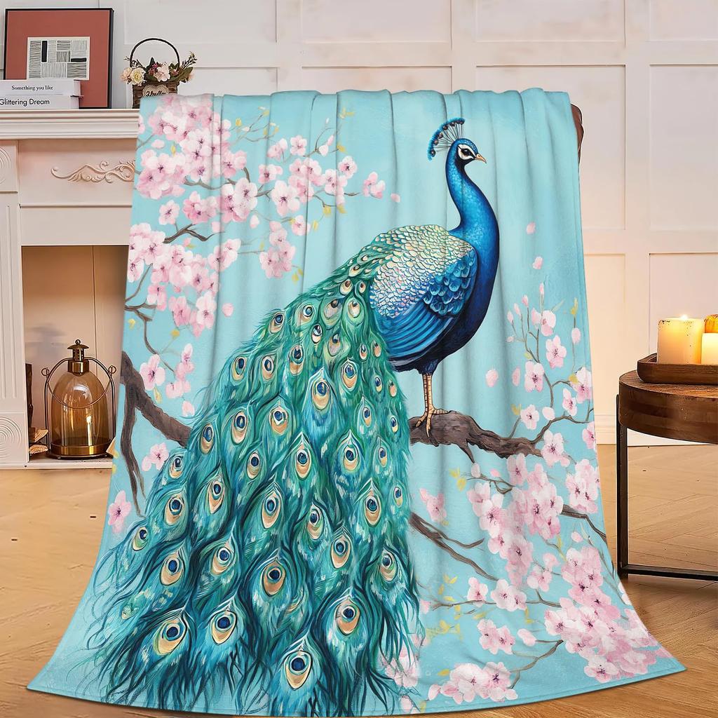 Peacock Pattern Collection Digital-printed Polyester Bedroom Velvet Flannel Cover Blanket Fleece Soft Cover Blankets for Beds