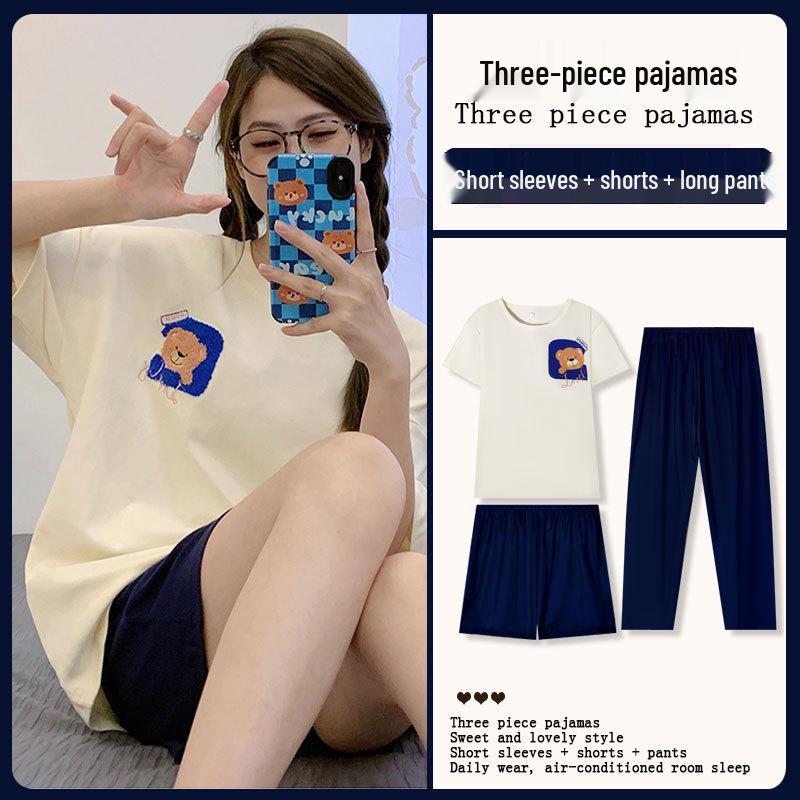 Women's Loose Summer Cartoon Pajama Set: Cute Short Sleeve Top & Long Pants for Spring/Autumn