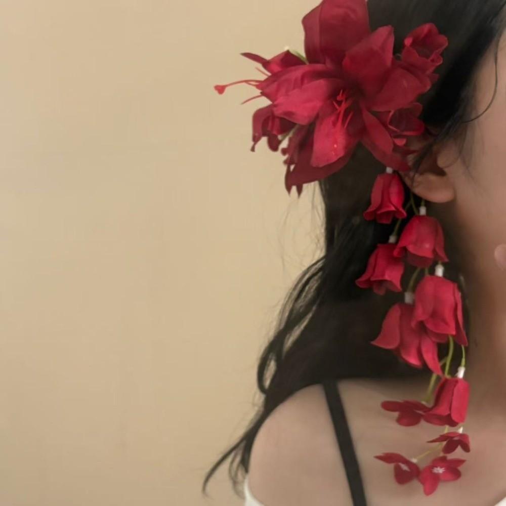 Red Rose Flower Hair Clips Artificial Flower Flower Petal Hairgrip Lily Tassels Hairpins Bridal