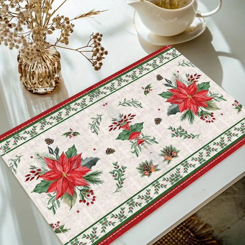 Christmas Linen Placemat Table Coffee Mat Poinsettia Pine Tree Snowflake Cone Merry Christmas Beige Red Green Elegant Decorative