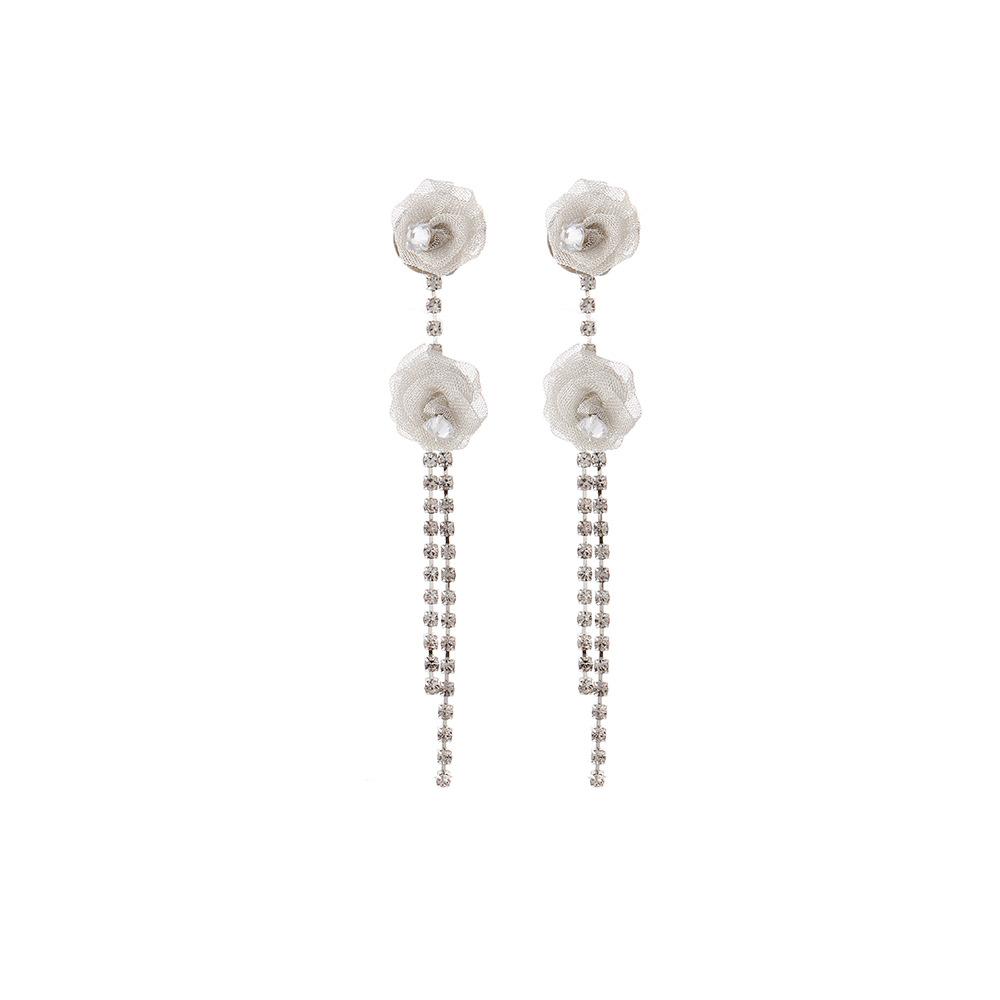 Pure White Mesh Flower Earrings Women'S High-End Long Diamond-Fringed Rose Personalized Earrings