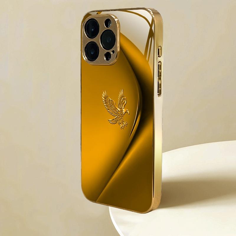 Simple Line Eagle Pattern Gold Metallic Paint Glass Phone Case For iPhone 17 16 15 14 13 12 11 Pro Max 14 Plus 17 Air 16E Cover