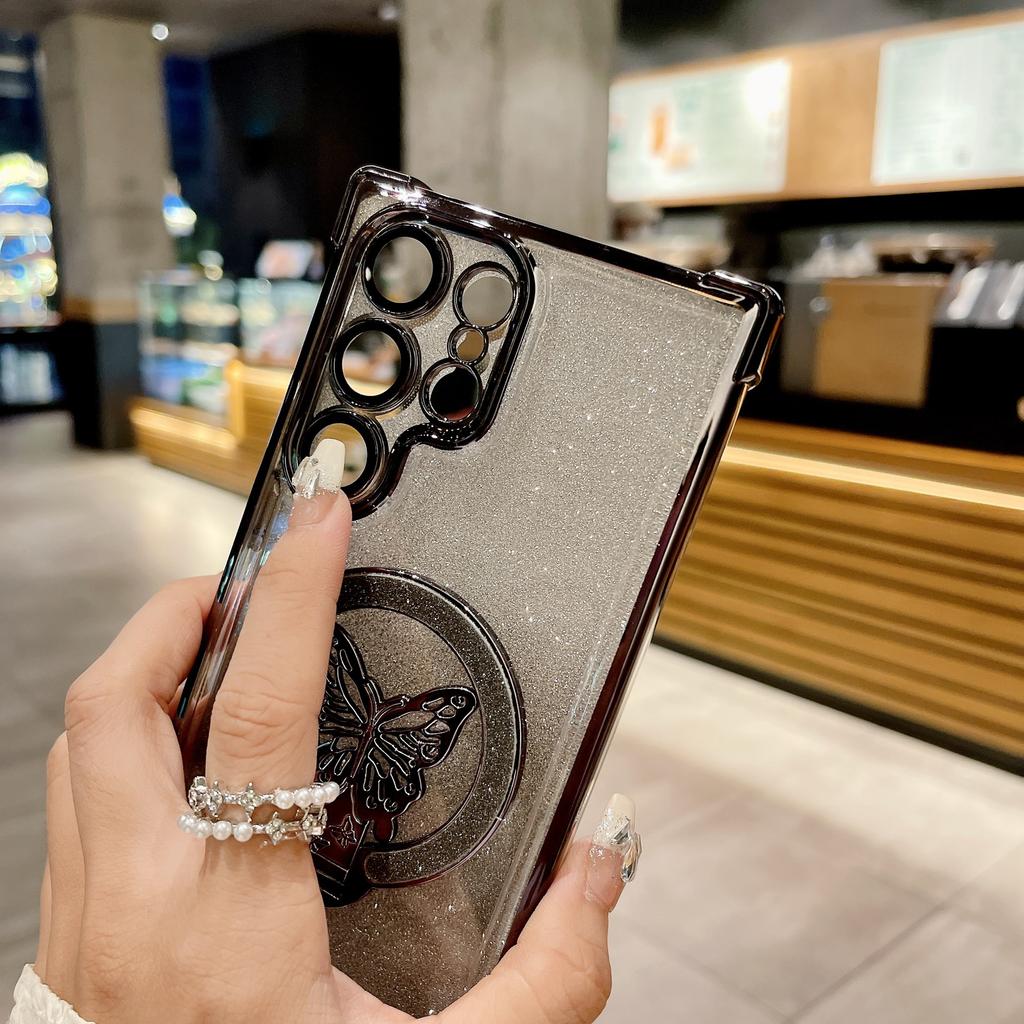 Samsung S25FE Butterfly Flashing Powder Bracket Magnetic Suction Mobile Phone Case Suitable for S24 Four Corner Airbag Anti Fall A06 Protective Case