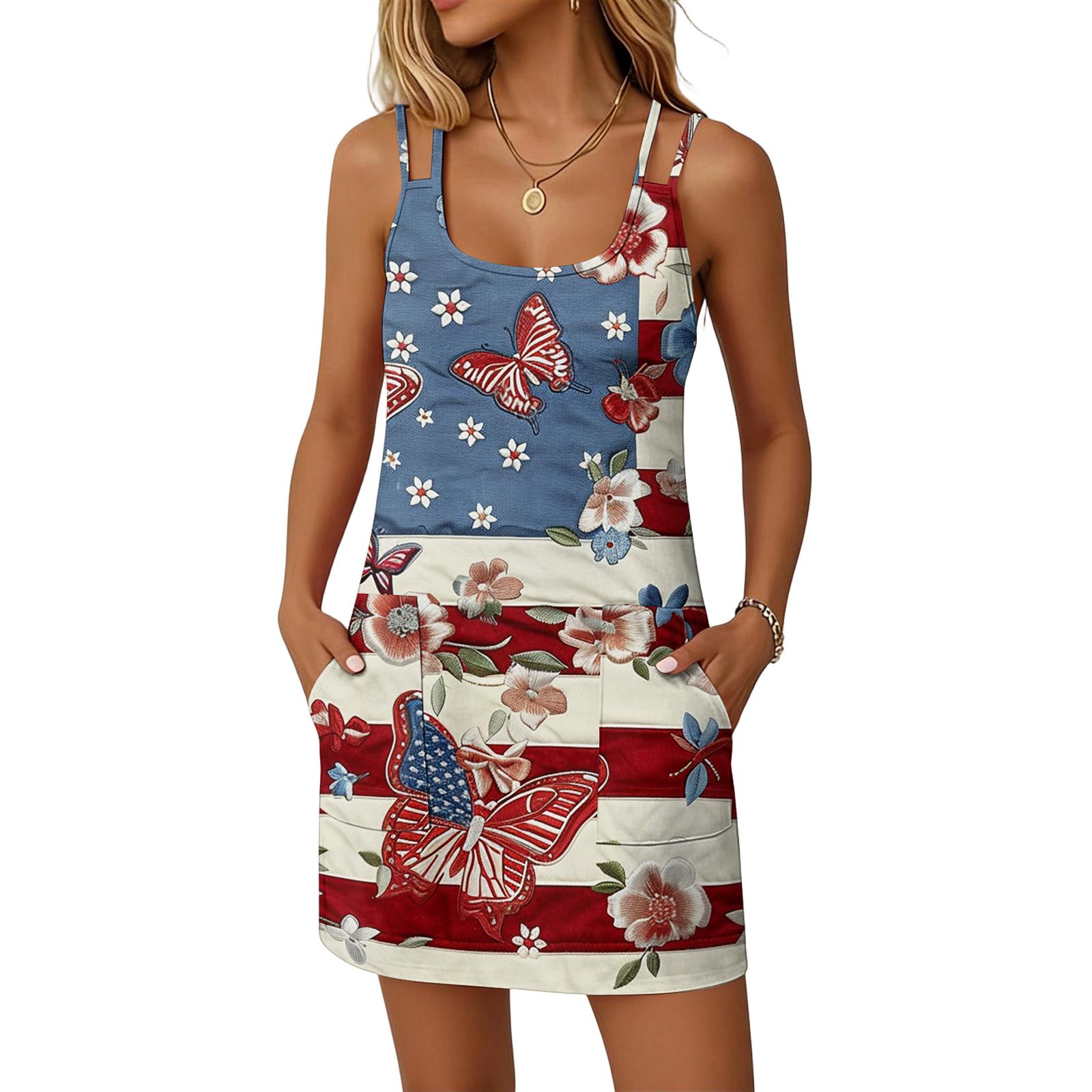 Women’s Fashionable Casual Independence Day Printed Dress, Double-Strap Dress With Pockets L синий