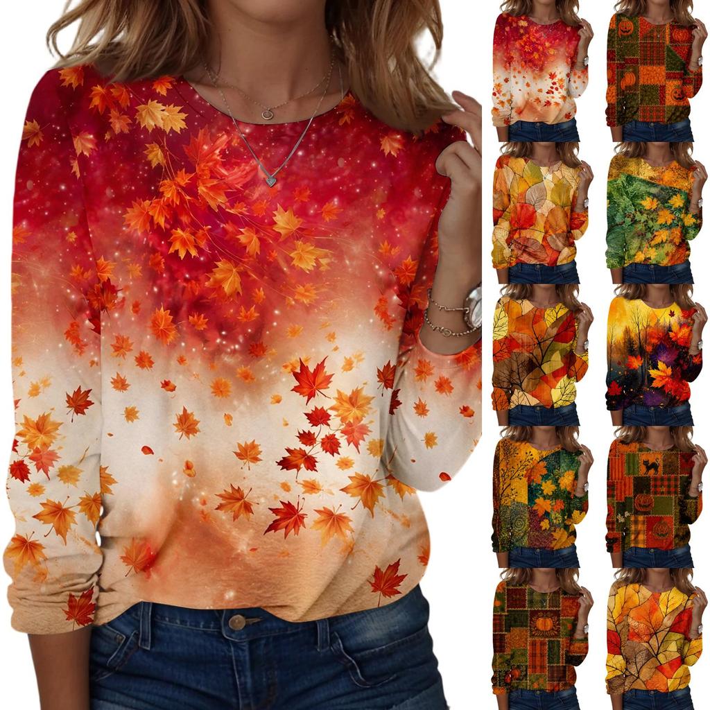Women's Casual Long Sleeve Maple Leaf Print Round Neck Blouse for Everyday Wear