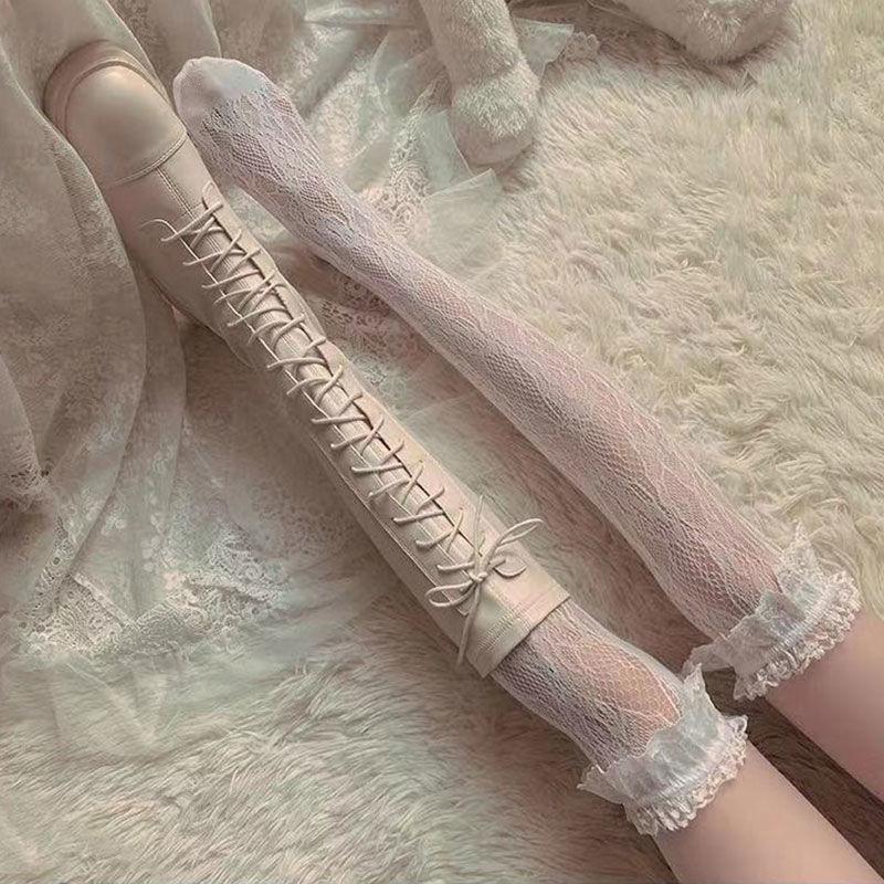 White Wisteria Knee Length Stockings Lace Lace Over Knee Tower Thin Long Tube Stockings Women JK Long Stockings